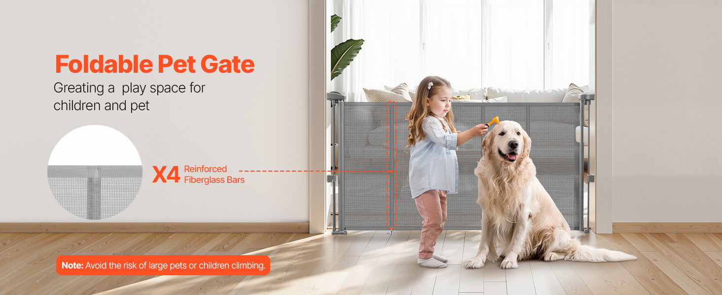 Foldable retractable mesh dog gate by mypawbloom, 34-inch tall, in open and closed positions, suitable for pet safety and containment